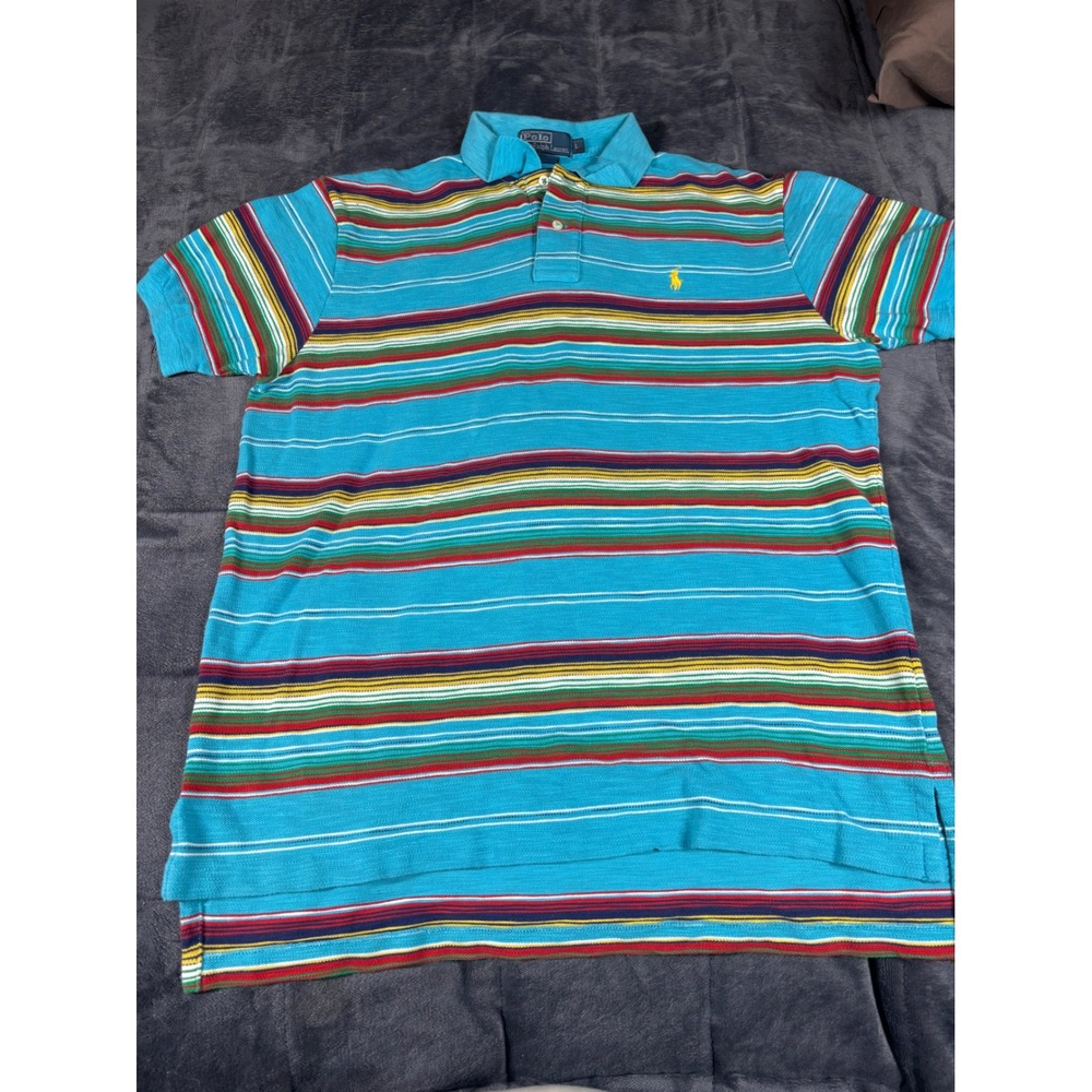 Polo Ralph Lauren Mens Large Turquoise Blue‎ Multi Color Striped Polo Shirt L